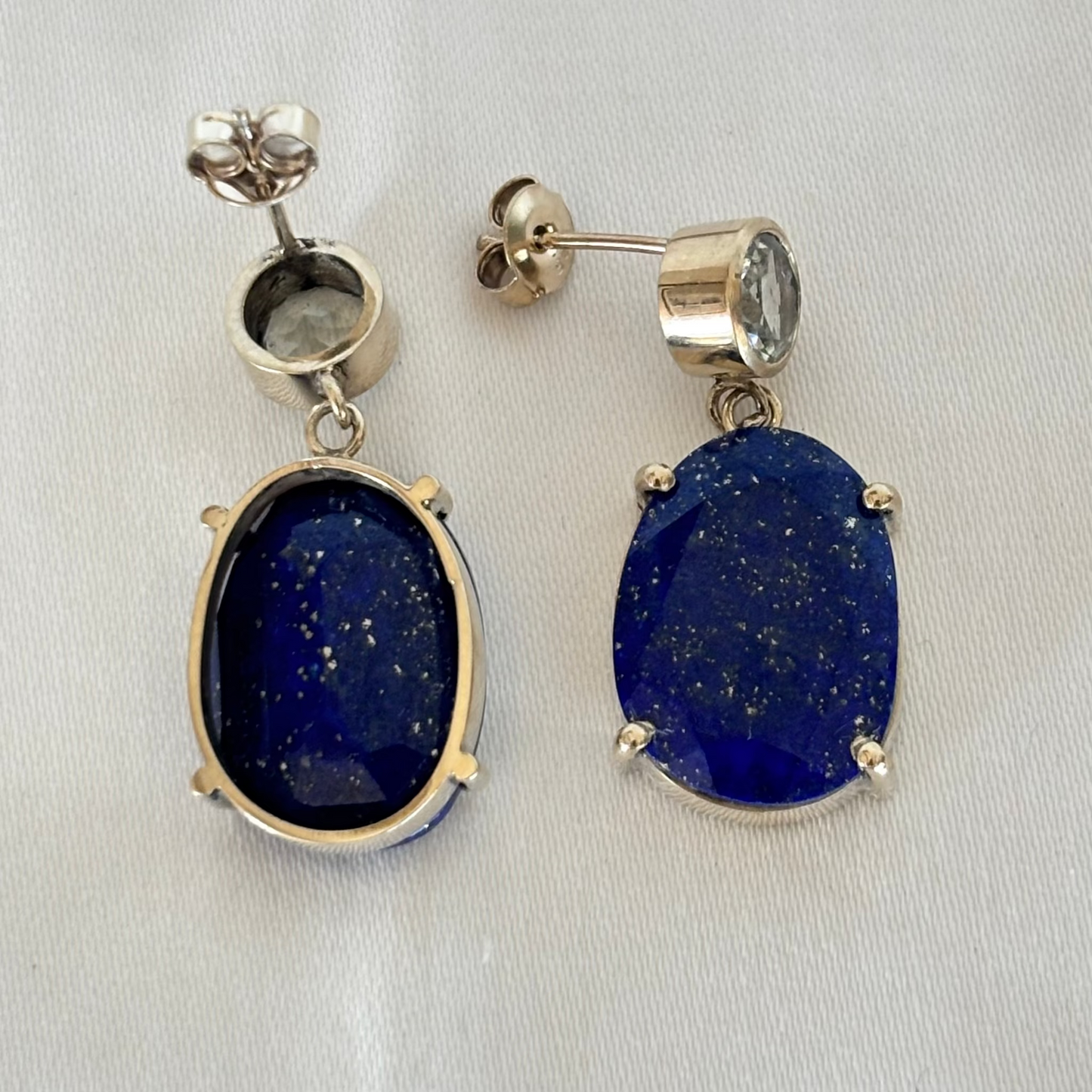 Azure Lapis Earrings in Gold Plated Vermeil, featuring green amethyst stud and lapis lazuli oval drop
