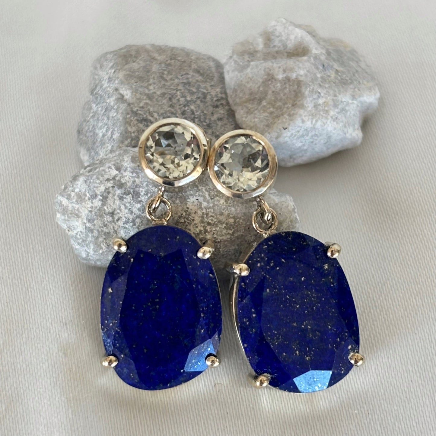 Azure Lapis Earrings in 18 Carat Gold Plated Vermeil, featuring green amethyst stud and lapis lazuli oval drop