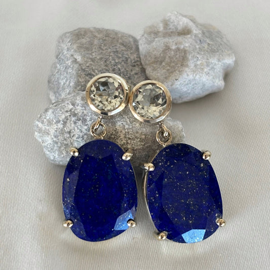 Azure Lapis Earrings in 18 Carat Gold Plated Vermeil, featuring green amethyst stud and lapis lazuli oval drop